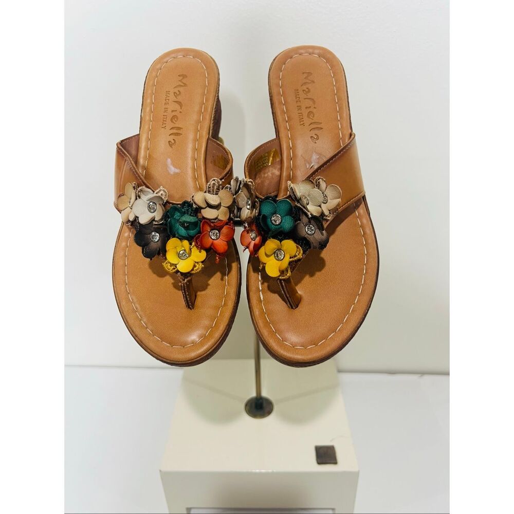 Mariella Italian Wedge Sandal Multicolor 3D Floral Appliques and Crystal Jewel D